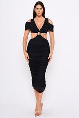 Mesh Shirring On Open Shoulder With Cutout Waist Midi Dress