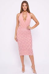 Lace On Flower Halter Neck Midi Dress