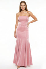 Metallic Satin Tube Top Mermaid Maxi Dress