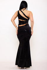 Sequin One Shoulder Back Cutout Maxi Dress