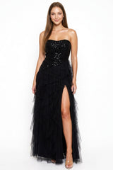 Sequin On Lace With Layers Of Mesh Maxi Dress