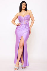 Lace Corset Bodice With Satin Contrast Maxi Dress
