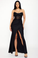 Lace Corset Bodice With Satin Contrast Maxi Dress