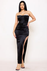 Pleated Cup With Rhinestone Satin Maxi Dress