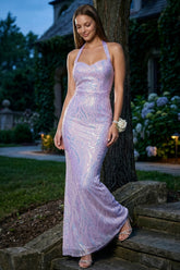 Patterned Sequin Mermaid Halter Top Maxi Dress