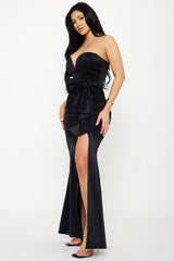 Metallic Tricot Fabric With Bow On Waist Maxi Dress