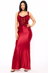 Ruffle Trim Detail On Satin Sheer Maxi Dress