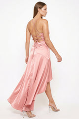 Satin Suplice Ruffle Hi-Low Maxi Dress