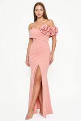 Symphony Dress - Flower Corsage On One Side Off The Shoulder Maxi Dress