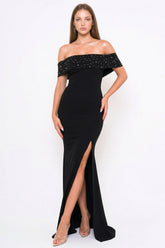 Pearl Beaded Detail Off The Shoulder Mermaid Maxi Dress