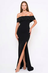Pearl Beaded Detail Off The Shoulder Mermaid Maxi Dress