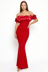 Satin Ruffle And Techno Crepe Contrast Maxi Dress