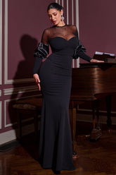 Pearls On Mesh With Puff Sleeve Maxi Dress