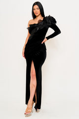 Mesh Ruffle On Velvet One Shoulder Maxi Dress