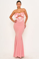 Satin Bow Bra Top With Contrast Fabric Maxi Dress
