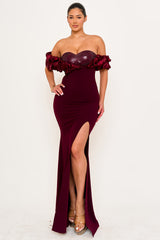 Satin Ruffle On Shoulder Maxi Dress