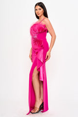 Tulle Mesh Folded Ruffle On The Side Maxi Dress