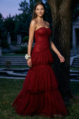 Layered Mesh Ruffled Mermaid Maxi Dress