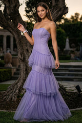 Layered Mesh Ruffled Mermaid Maxi Dress
