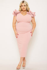 Plus Size Night Out Symphony Dress - Ruffle Detail Shoulder Plus Size Night Out Midi Dress