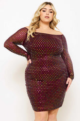 Symphony Dress - Rhinestone On Power Mesh Off The Shoulder Night Out Plus Size Mini Dress
