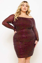 Symphony Dress - Rhinestone On Power Mesh Off The Shoulder Night Out Plus Size Mini Dress