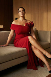 Symphony Dress - Flower Corsage On One Side Off The Shoulder Plus Size Maxi Dress