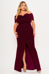 Symphony Dress - Glitter Bow Front Open Shoulder Plus Size Maxi Dress