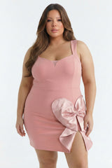 Plus Size Night Out Dress - Satin Bow Detail Fabric Contrast Plus Size Mini Dress