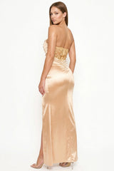 Satin Stretch Fabric Pleated Detail Top Maxi Dress