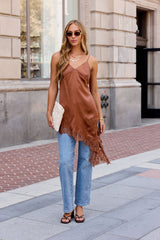 Asymmetrical Satin Lace Top - Camel