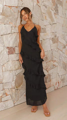 Women's Ruffle Maxi Dress – Halter Neck. Tiered Layers