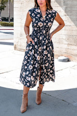 Black Floral Print Smock Zip Midi Dress