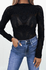 Black Mock Neck Fishnet Top