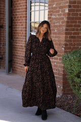 Black Multi Floral Print Tiered Midi Dress