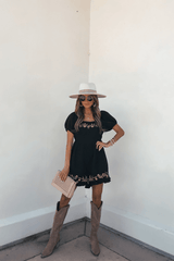 Black Puff Sleeve Embroidered Romper