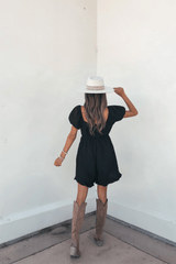 Black Puff Sleeve Embroidered Romper