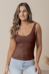 Brown Double Lined Scoop Neck Jersey Tank