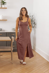 Deep Mauve V Neck Linen Midi Dress