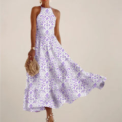 Women's Printed Halter Neck Maxi Dress – A-Line Flowy Summer Dress