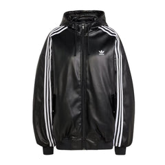 Adidas Originals Men's And Women's Spring And Fall Models Three Stripes Color Blocking Loose Sports Hooded Leather Jacket #98641