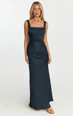 Rumi Midi Dress - Rushed Bodiest Satin Dress in Navy