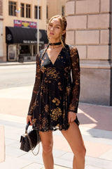 Camellia Floral Mesh Mini Dress - Black