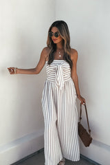 Coastal Striped Wide Leg Jumpsuit - Taupe