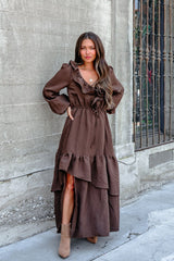 Dark Brown Striped Ruffle Tiered Maxi Dress - FINAL SALE