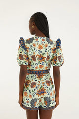 Light Green Floral Delhi Tapestry Belted Romper