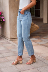 Distressed Slim Straight Leg Jeans - Medium Wash