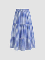 Woven High Rise Gingham Tiered Midi Skirt