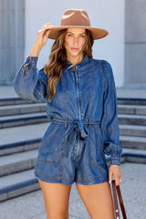 Elan Denim Long Sleeve Belted Romper