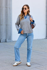 Elan Grey Denim Collar Long Sleeve Sweater